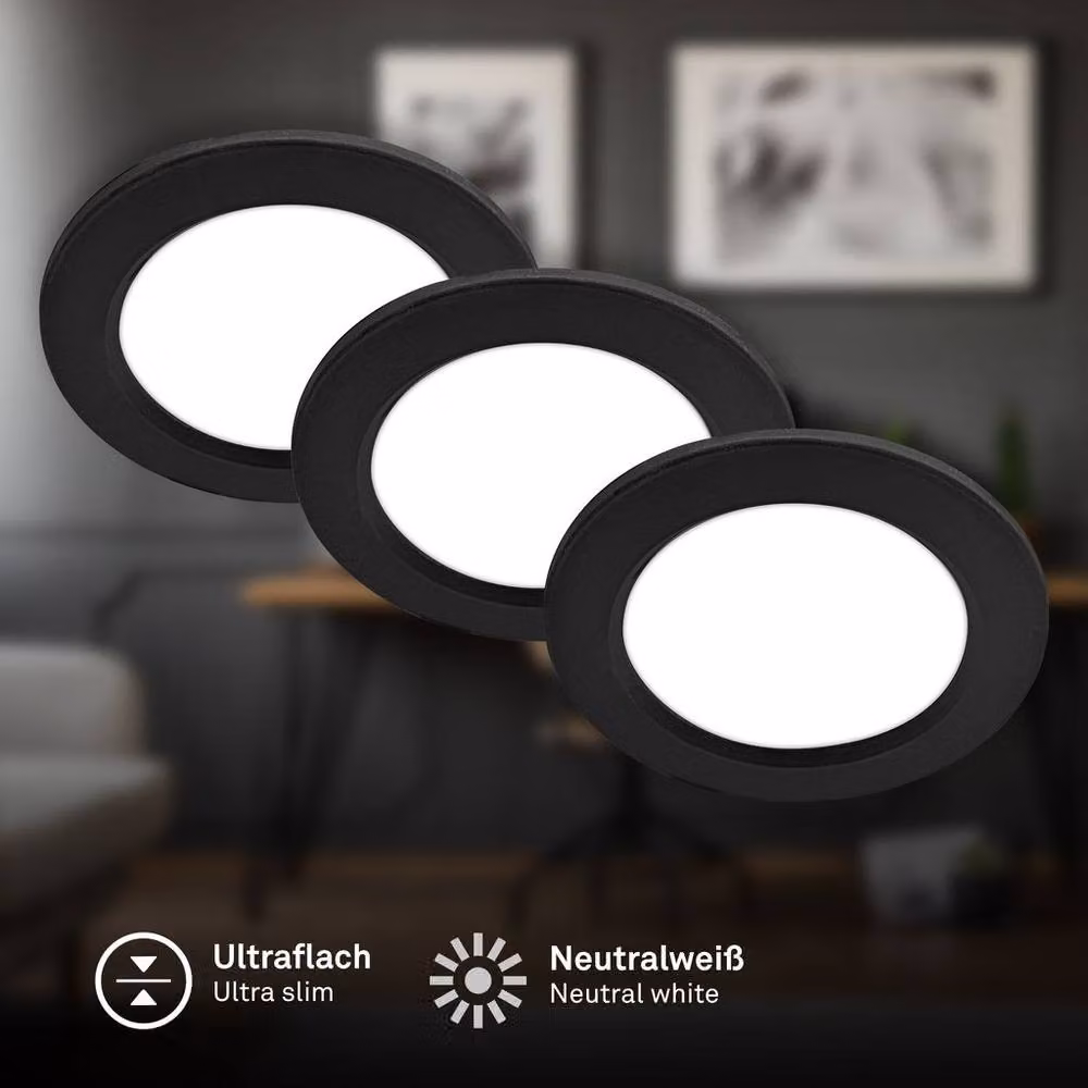 Briloner Set of 3 Recessed LED Downlights, Neutral White, Black, W/D/H: 12 x 12 x 2.8 cm – 2