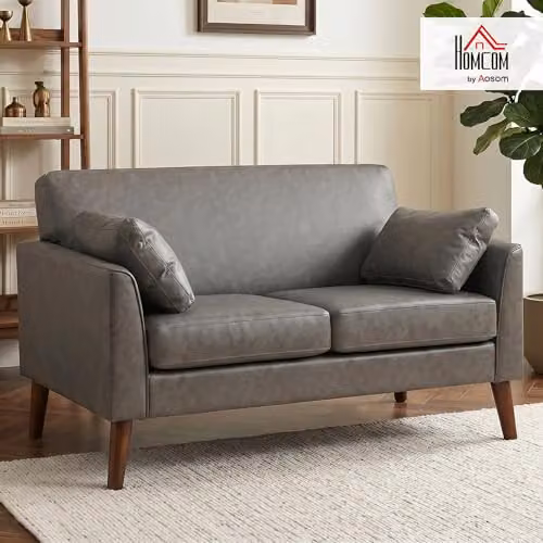 HOMCOM 2 Seater Sofa in Grey PU Leather with Rubberwood Legs, W: 132 cm, H: 79 cm, D: 74 cm – 2