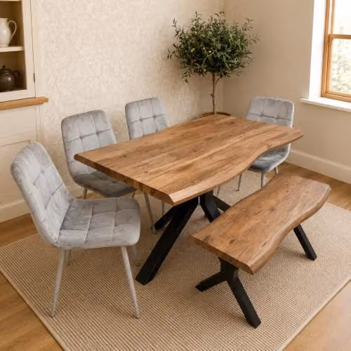 Kosy Koala 6 Seater Dining Set with Rectangular Rustic Brown Wood Effect Table, 6 Grey Chairs and Bench