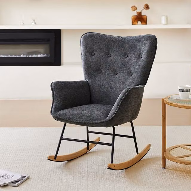 Komore Modern Upholstered Rocking Chair with Armrests in Black and Grey