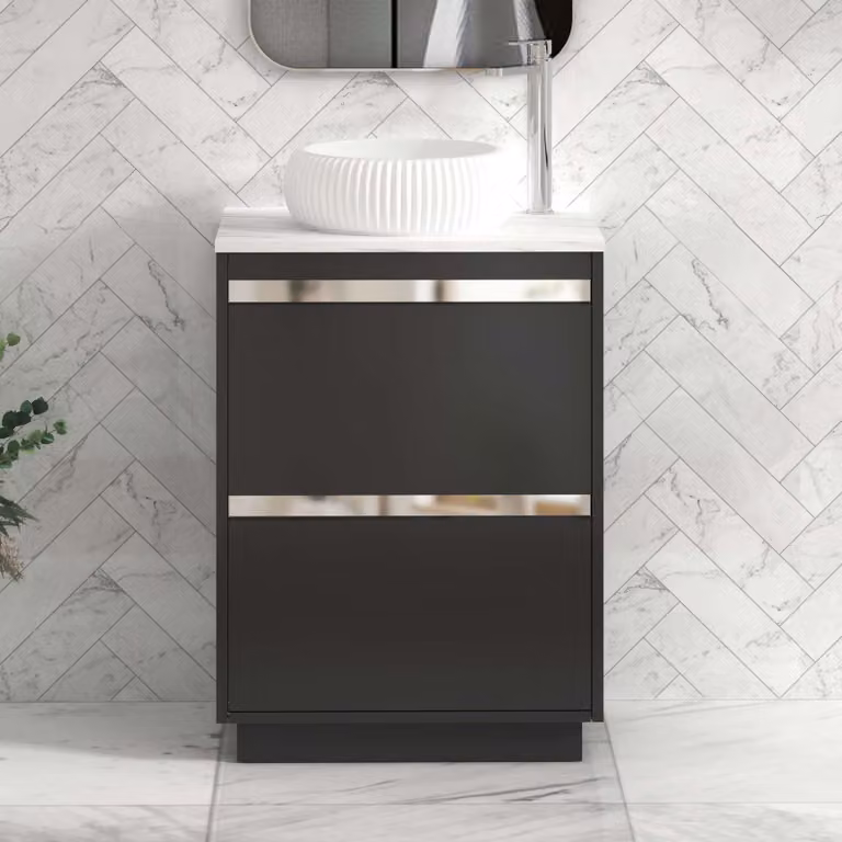 Royal Bathrooms Orion 600mm Matt Obsidian Black Floor Standing 2 Drawer Vanity Unit with Milan Basin and Chrome Accent Trim
