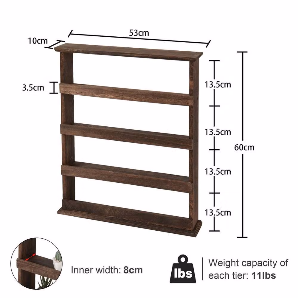 KORVIXA 5-Tier Vintage Wall-Mounted Kitchen Organiser Floating Shelves, Brown, W: 70 cm, H: 75 cm – 2