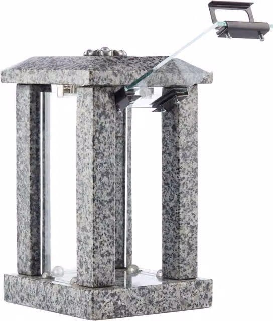 Novecrafto Polished Grey Granite Memorial Candle Lantern with Floral Decor, Height: 32 cm – 1