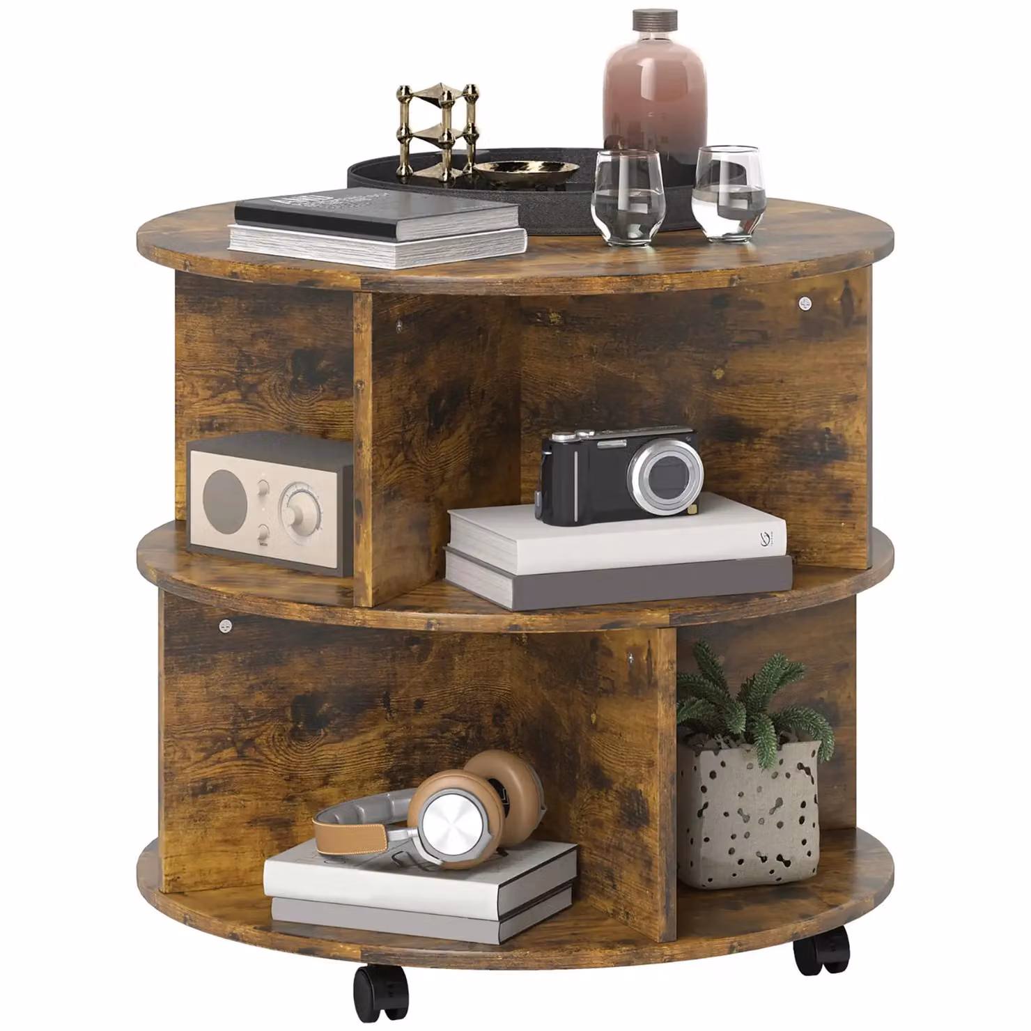 Rafaelo Mobilia 3 Tier Industrial Rustic Rolling Coffee Table in Brown, W: 60.0 cm, D: 55.5 cm, H: 60.0 cm – 3