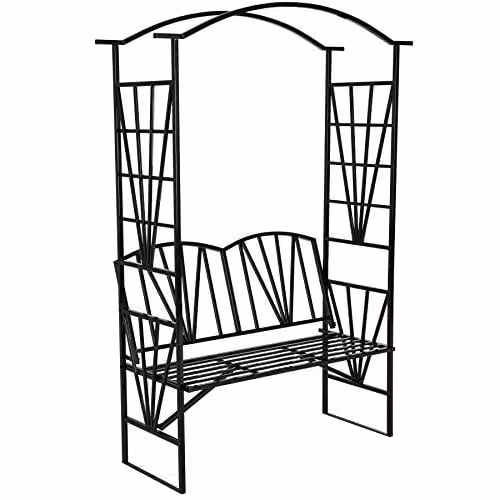 tectake Garden Arch with Bench, Black Metal Rose Trellis, H 210 x W 114 x D 42 cm