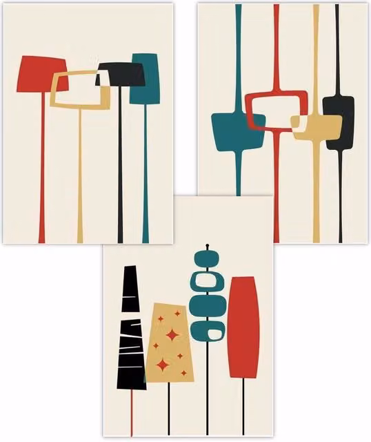 ARTZE Set of 3 Mid Century Modern Abstract Geometric Art Posters in Petrol, Red and Yellow, W: 42 cm, H: 59 cm