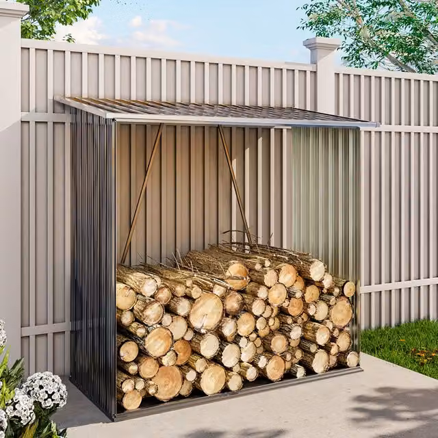 Livingandhome Grey Steel Garden Firewood Log Storage Shed with Back Panel