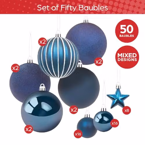 The Christmas Workshop Set of 50 Shatterproof Textured Plastic Christmas Tree Baubles in Blue – 2