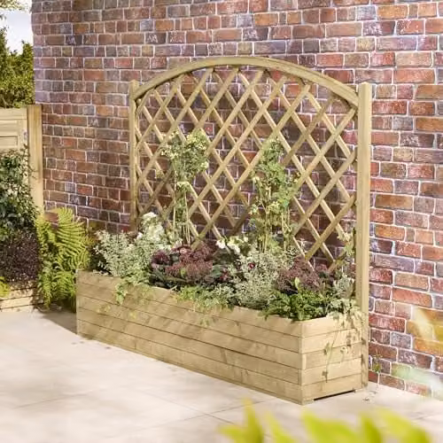 Rowlinson Trough Planter with Lattice in Brown Wood, W: 180 cm, D: 40 cm, H: 148.5 cm