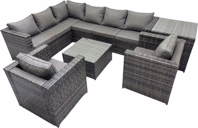 Fimous Dark Grey Mixed Rattan L-Shape Garden Sofa Set with Coffee Table and Upholstered Cushions