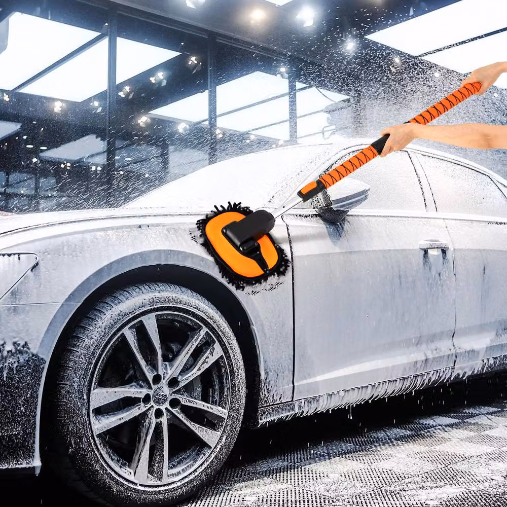 Gymax Orange Car Wash Brush with 132 cm Extendable Handle and Scratch-Free Mop Kit – 7