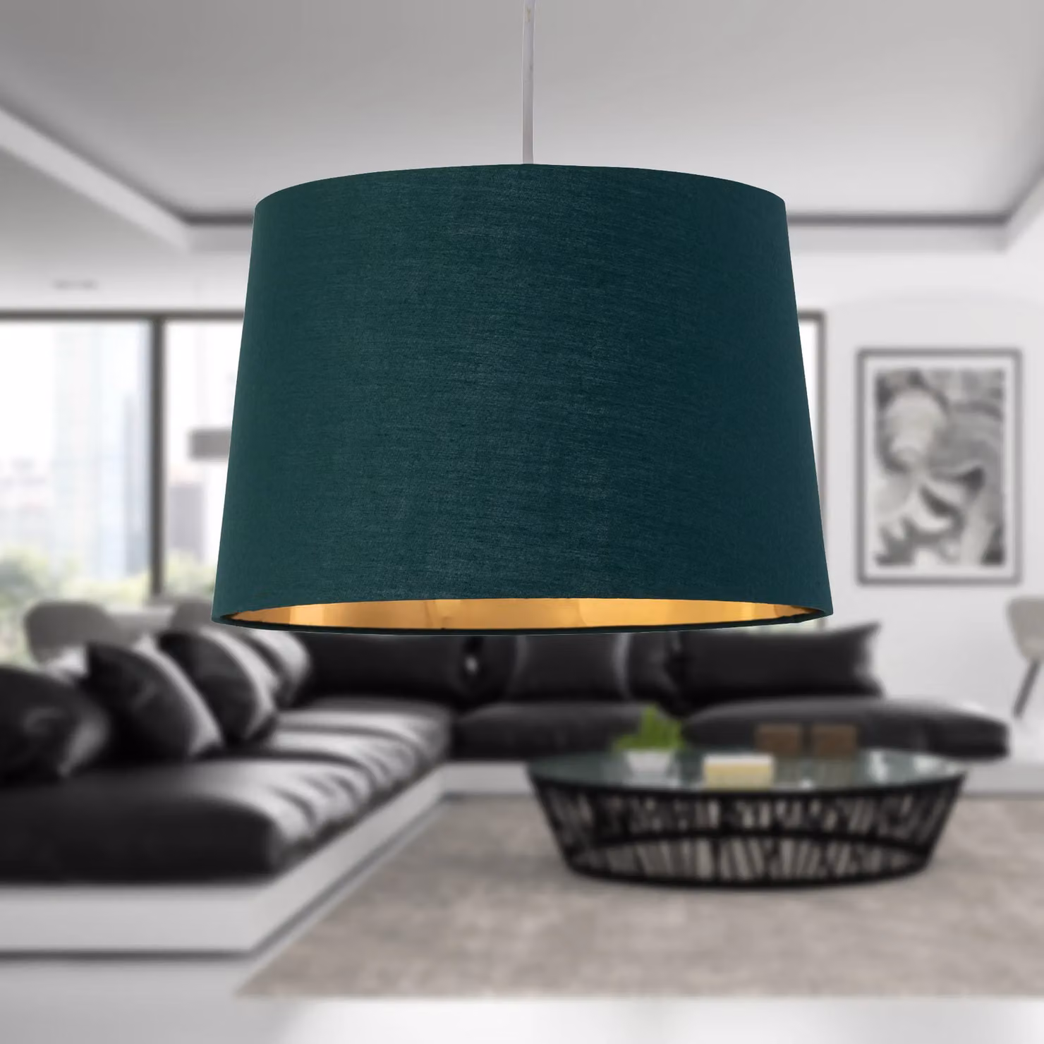 First Choice Lighting Zoey Set of 2 Easy Fit Cylinder Pendant Lamp Shades in Green and Gold Fabric – 4