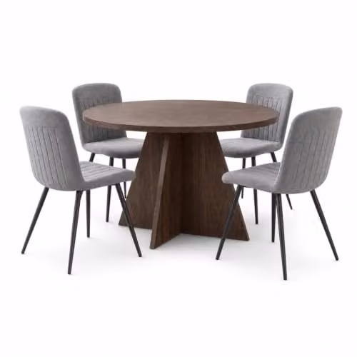 FWStyle Round Walnut Dining Table and 4 Grey Clamshell Chairs Set – 3