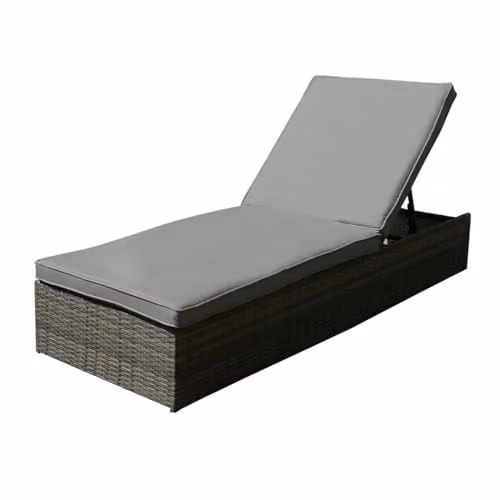 CHARLES BENTLEY Grey Rattan Reclining Sun Lounger with Weatherproof Cushion, W/D/H: 196 x 66 x 29 cm