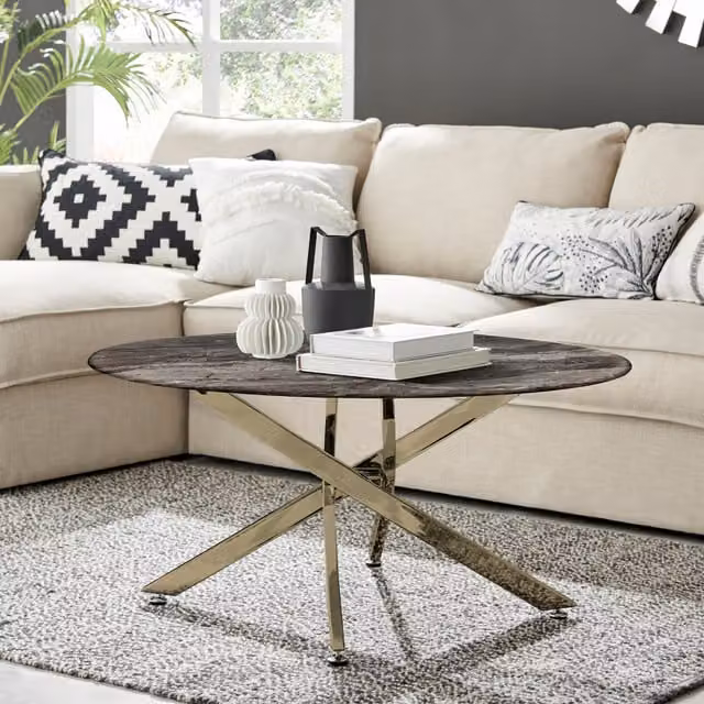 FurnitureboxUK Novara Round Coffee Table with Grey Marble Effect Glass Top and Gold Metal Legs