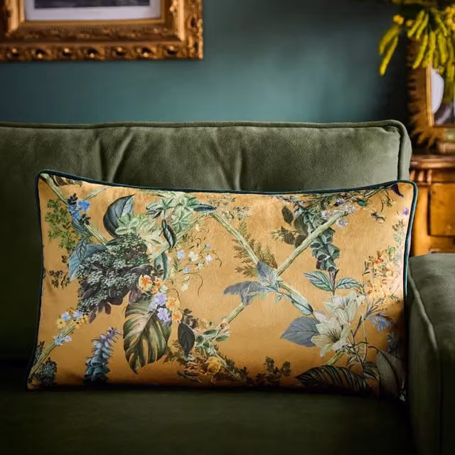 Ulster Weavers Floral Velvet Rectangular Filled Cushion in Gold and Petrol, W/D/H: 50 x 30 x 30 cm – 1