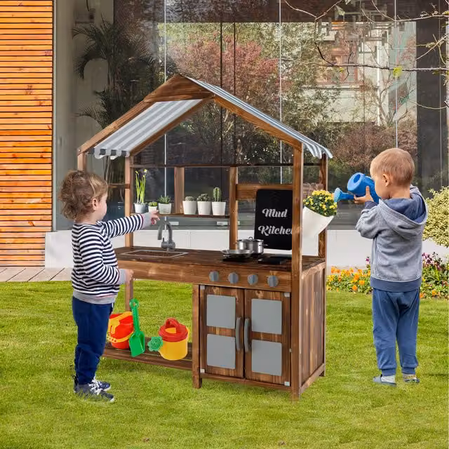 COSTWAY Wooden Outdoor Kids Mud Kitchen with Canopy in Brown