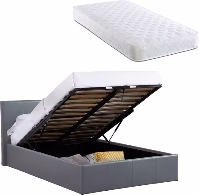Luna Kingsize Ottoman Bed with Sprung Mattress in Grey Faux Leather, W/D/H: 150 x 200 cm