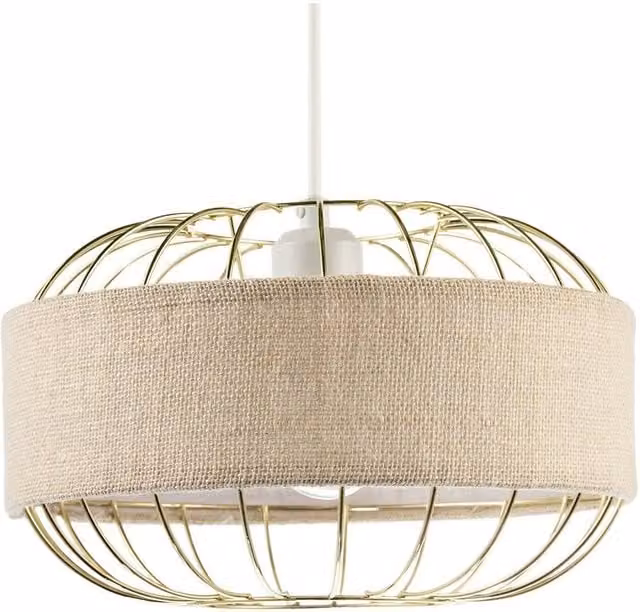 Happy Homewares Round Pendant Shade with Gold Metal Wire Frame and Beige Linen Fabric Band