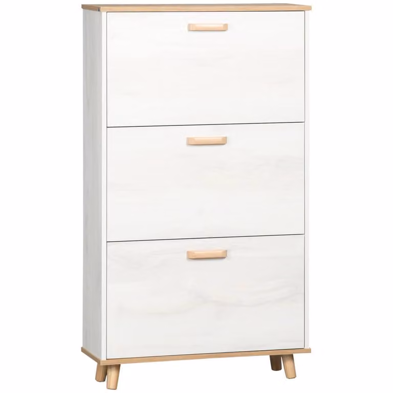 Wyld Haus Romola Slim Shoe Cabinet in White and Beige with 3 Tilting Compartments, H 122 x W 70 x D 23.5 cm