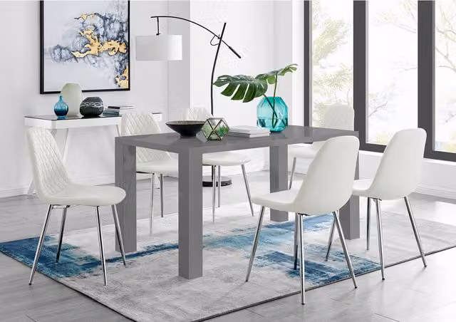 FurnitureboxUK Pivero Grey High Gloss Rectangular Dining Table and 6 Corona Silver Chairs in White