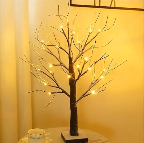 Almineez Christmas Snowy Birch Twig Tabletop Tree with 24 Warm White LEDs, White and Brown, Height: 60 cm – 1