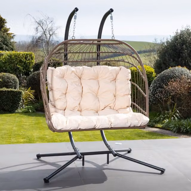 Artemis Home Double Garden Swing Seat with Weatherproof Cushions in Beige and White