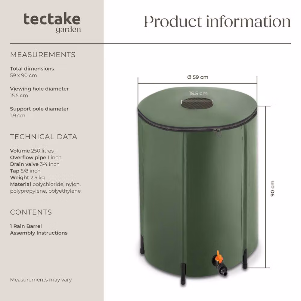 tectake Green Rain Barrel with Tap and Overflow Protection, 250 l – 4