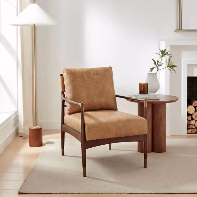 FurnitureboxUK Delia Mid Century Modern Accent Chair in Tan Faux Leather with Solid Wood Frame – 1