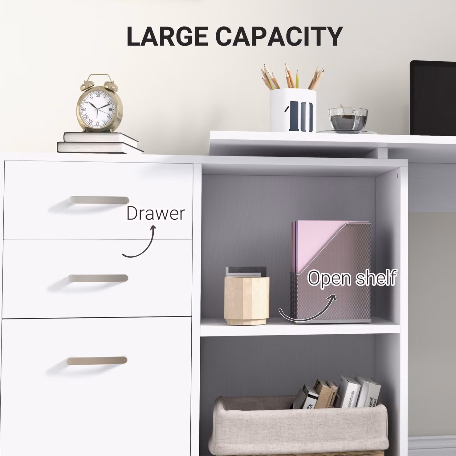 HOMCOM L-Shaped Corner Computer Desk with Drawer, Shelf and File Cabinet in White – 2
