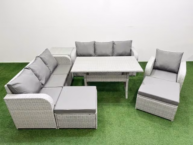 Fimous 9 Seater Poly Rattan Outdoor Garden Furniture Set in Grey with Rectangular Dining Table, 3 Seater Sofas and Reclining Chairs