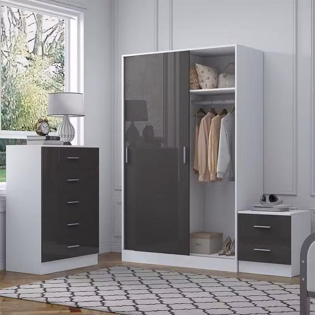 REFLECT Bedroom Furniture Bundle with Sliding Wardrobe, Tall Chest and Bedside Table in Grey Gloss and Matt White