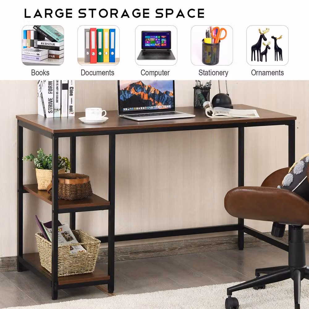 Costway Industrial Computer Desk with Storage Shelves in Brown, W: 120 cm, D: 60 cm – 5