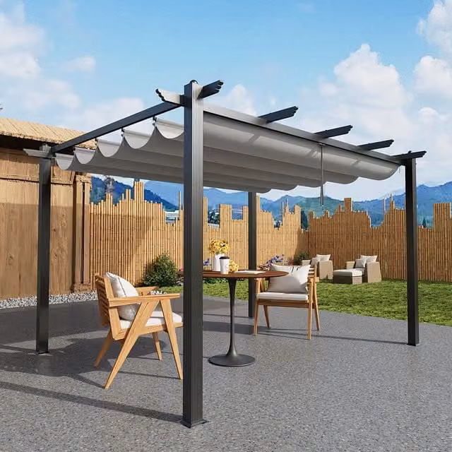 Livingandhome Aluminium Pergola with Retractable Roof, Beige, W: 396.2 cm x D: 304.8 cm