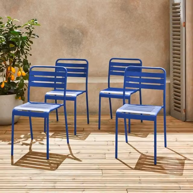 sweeek Set of 4 Stackable Powder Coated Steel Garden Chairs in Blue