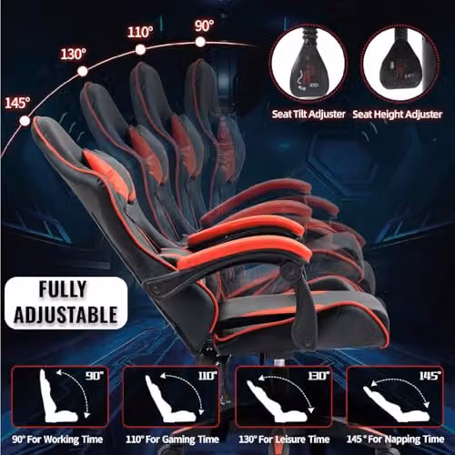 Home Treats Fabric Gaming Chair with Footrest and Lumbar Support in Black and Red – 7