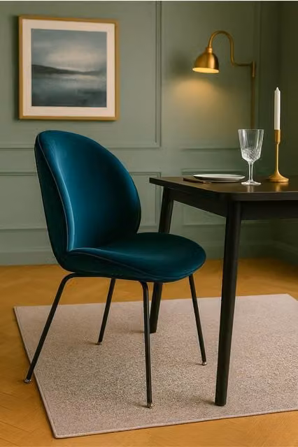 Fusion Living Luxurious Velvet Dining Chair with Black Metal Legs in Petrol – 1