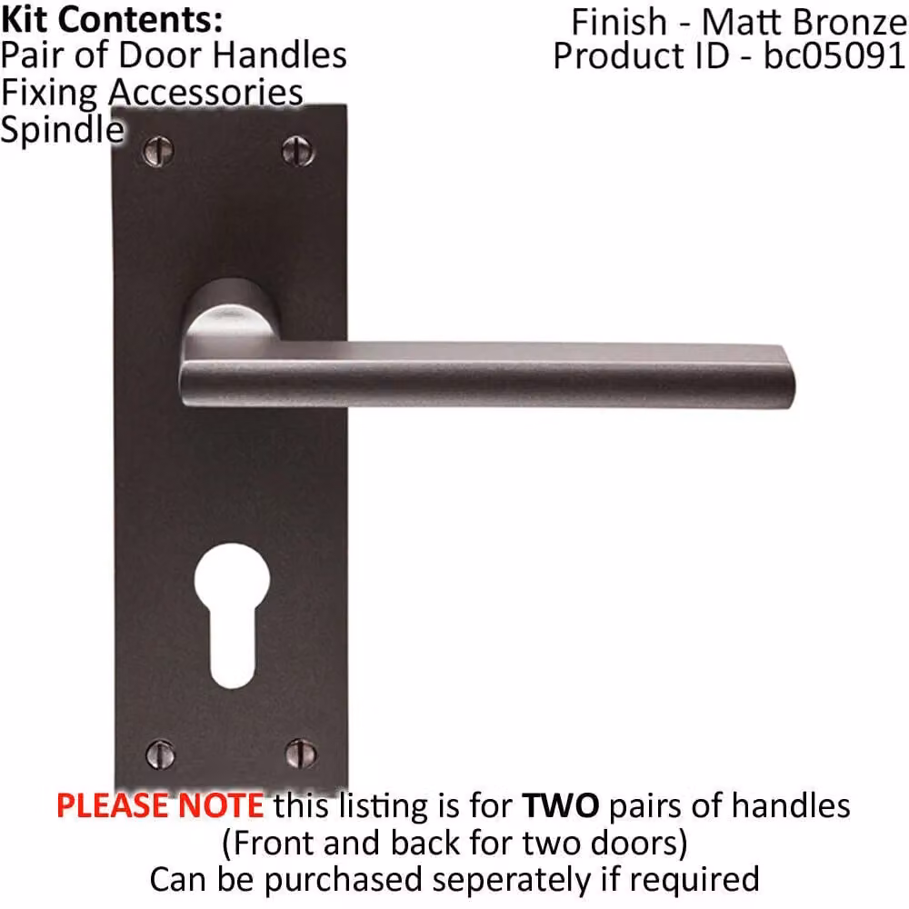 Loops 2x Pair Straight Bar Handles with Slim Euro Lock Backplate, Matt Bronze, W: 150 mm, H: 50 mm – 2