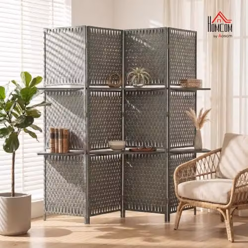 HOMCOM 4-Panel Folding Room Divider with Storage Shelves in Grey – 2
