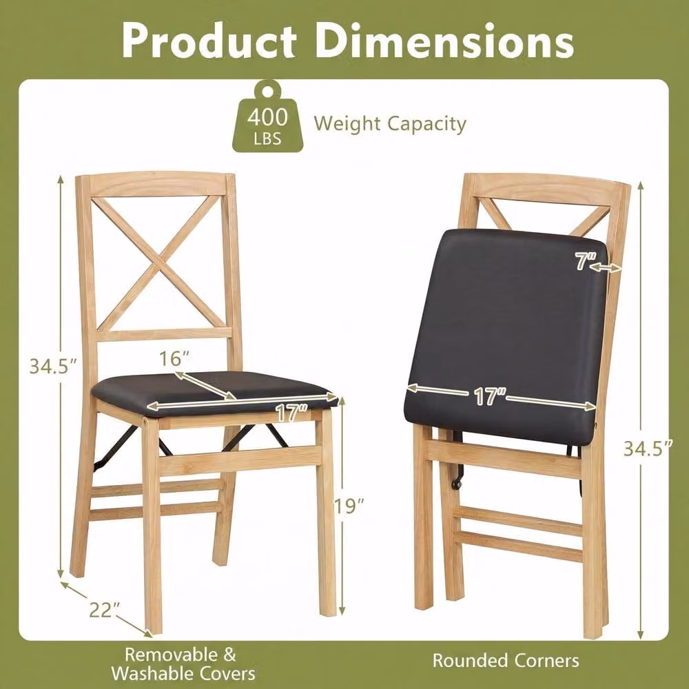 Costway Set of 2 Black Folding Dining Chairs with Padded Synthetic Leather Seats and Rubberwood Legs – 4