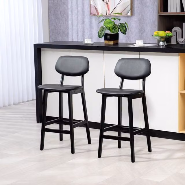 HOMCOM Set of 2 Black PU Leather Breakfast Bar Stools with Wood Legs – 1
