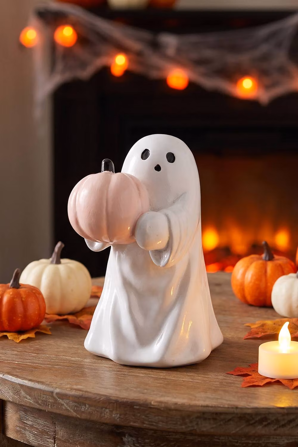 Living and Home White Ceramic Ghost Hugging Pumpkin Halloween Figurine – 3