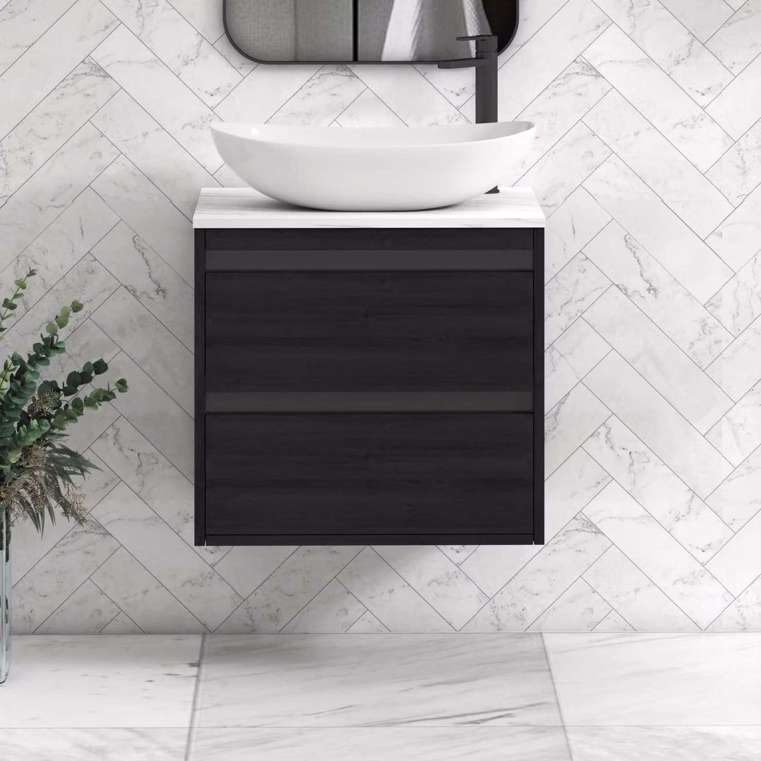 Royal Bathrooms Orion 600mm Hale Wall Hung Vanity Unit with Cesar Basin and 2 Drawers in Black and Carrara White