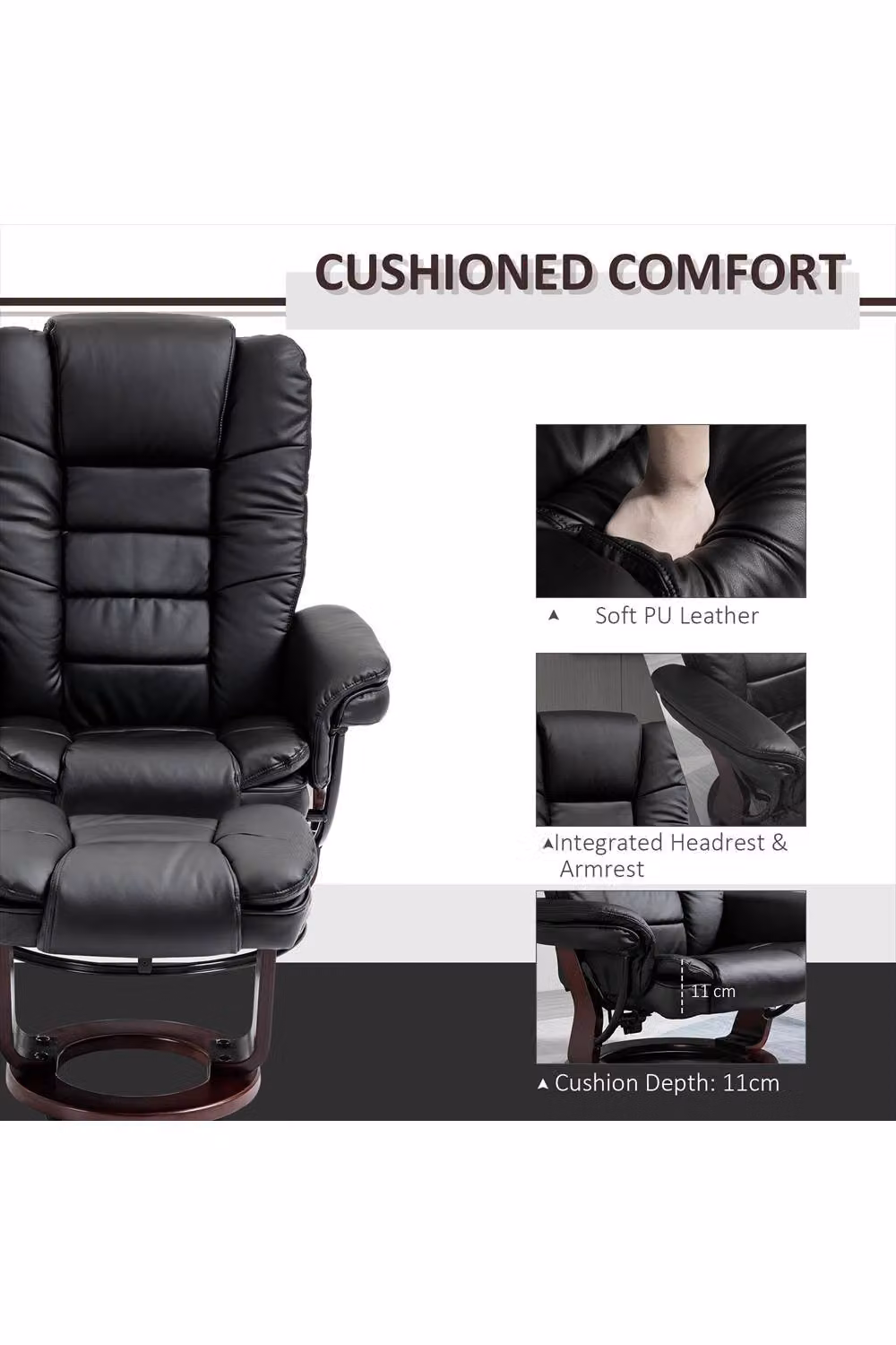 ERGOVEXA Black Synthetic Leather Recliner Armchair with Matching Ottoman and Footstool – 4