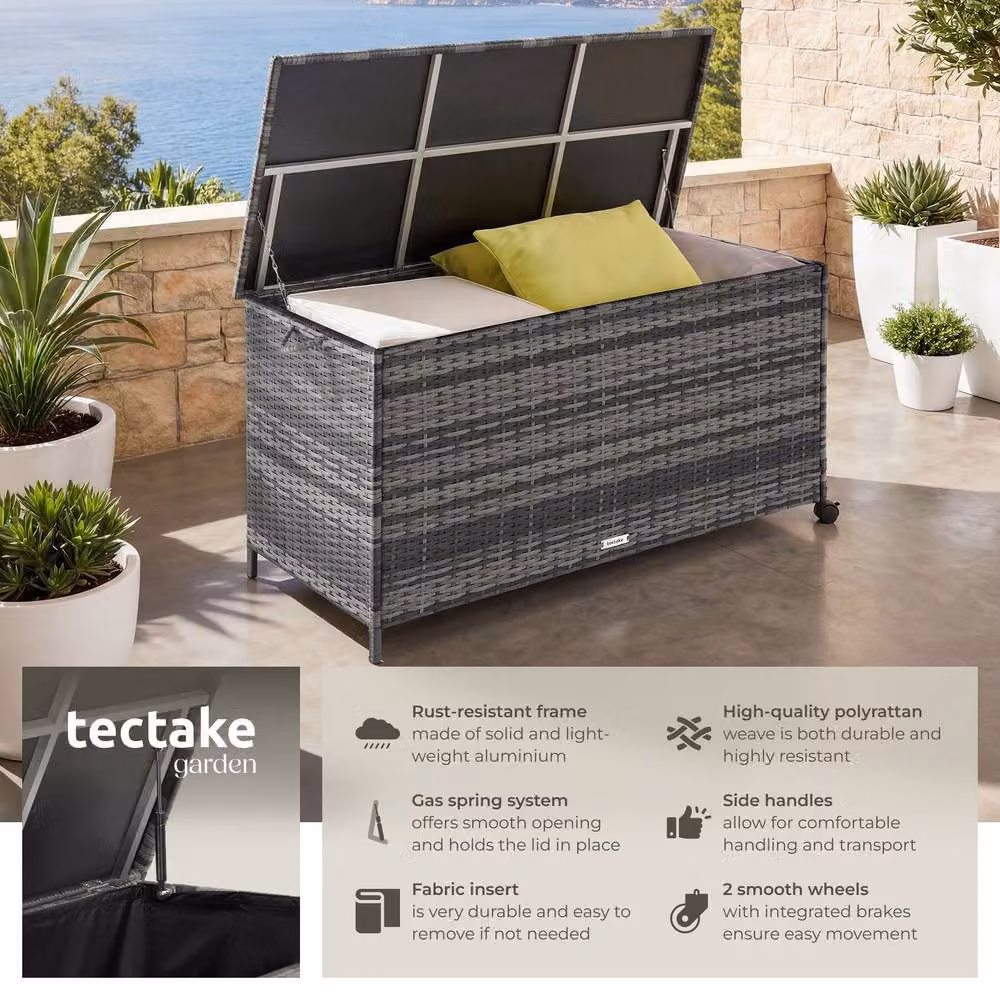 tectake Kuusamo Large Storage Box in Grey with Rattan and Aluminium Frame and Castors – 2