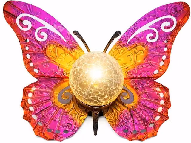 Gardenwize Solar Metal Sunset Butterfly Garden Light with Pink LED Crackle Glass Ball