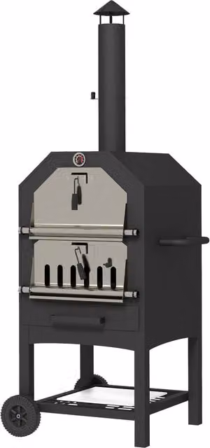 Outsunny 3-Tier Steel Charcoal Pizza Oven and BBQ Grill with Thermometer and Wheels, Black, H 158 x W 66 x D 45 cm – 1