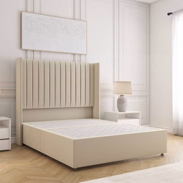 BSSPOKE Manhattan Double Divan Bed with 54 inch Plush Velvet Headboard in Cream