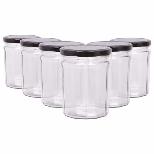 Argon Tableware Glass Jam Jars with Airtight Black Lids, 380ml, Pack of 6
