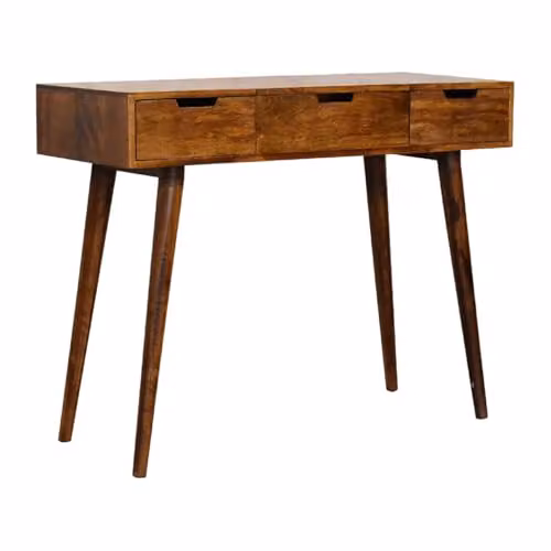 Artisan Furniture Mid-Century Brown Wood Dressing Table with Tri-Fold Mirror, W/D/H: 100 x 40 x 78 cm